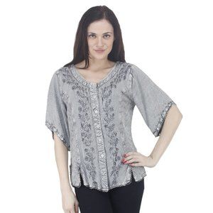 SILVER RENAISSANCE EMBROIDERED HALF SLEEVE BLOUSE